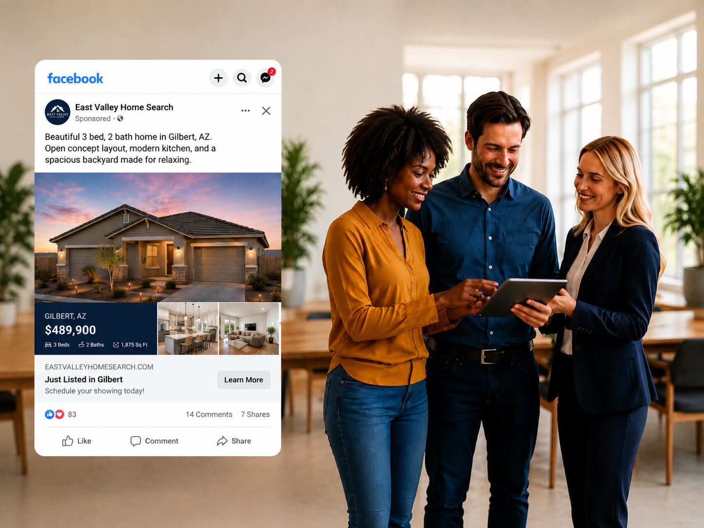 Real estate agents reviewing a Facebook listing ad